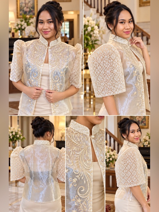 The Unbranded Brand Jackets & Blazers - Elegant Filipiniana Lace Bolero – Ivory Cream Embroidered Puff Sleeve Jacket